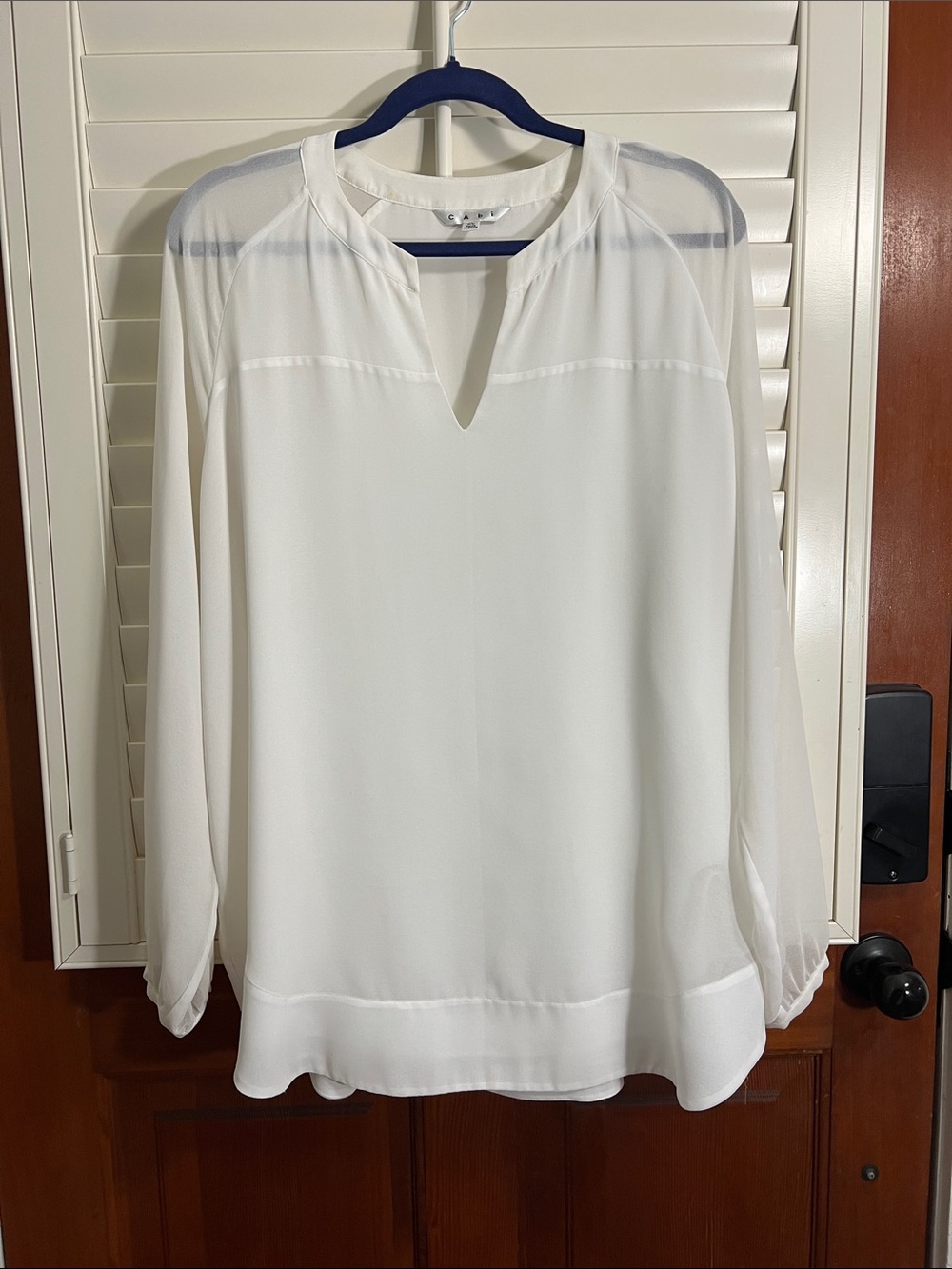 CAbi White Split-Neck Semi-Sheer Blouse